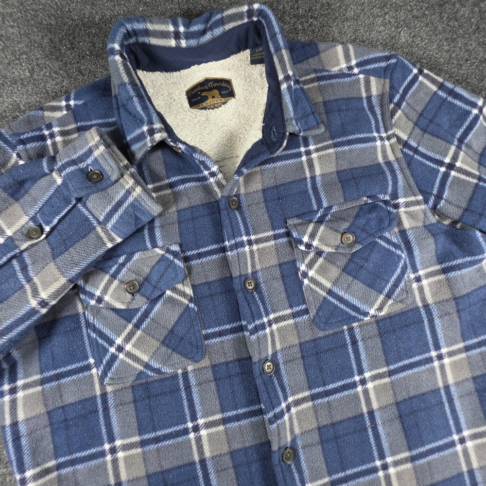 Freedom Foundry Plaid Sherpa Lined Fleece Shirt Jacket Mens Large Blue GPU 001